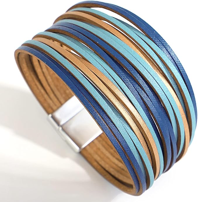 Fesciory Leather Wrap Bracelets for Women, Boho Leopard Multi-Layer Crystal Beads Cuff Bracelet Jewelry