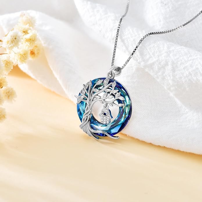 TOUPOP Evil Eye Necklace 925 Sterling Silver Tree of Life Circle Crystal Pendant Necklace Protection Jewelry Amulet Christmas Gifts for Women Her