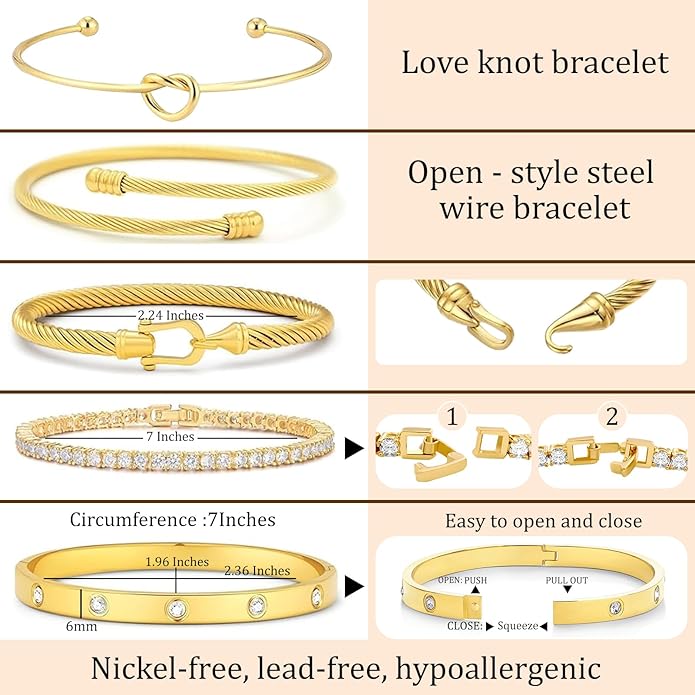 FAFUGA 18 K Gold Plated Love Bangle Bracelet Stack Cuff Jewelry for Women Jewelry Set for Women Gift with Box