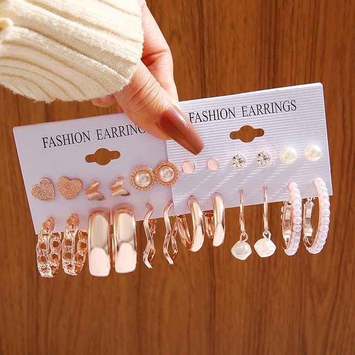 FAXHION 36 Pairs Gold Earrings Set for Women, Fashion Pearl Chain Link Stud Drop Dangle Earrings Multipack Hoop Earring Packs, Hypoallergenic Earrings for Birthday Party Jewelry
