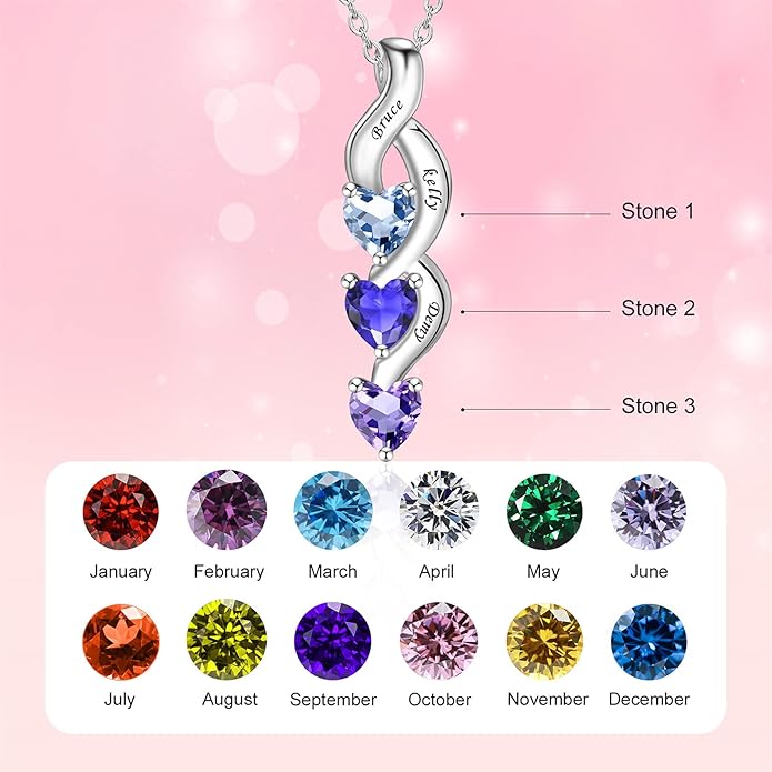 MissNaNa Sterling Silver Personalized Mothers Necklace with Simulated Birthstones Engraved 1-6 Children Names Custom Love Heart Pendant Family Necklace for Women Mother's Day Birthday