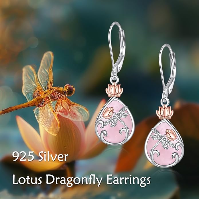 AOBOCO Butterfly/Dragonfly/Bee/Ladybug Leverback Earrings 925 Sterling Silver Rose Lotus Tulip Flower Filigree Dangle Earrings Teardrop Moonstone Larimar Turquoise Abalone Shell Jewelry Birthday Gifts for Women