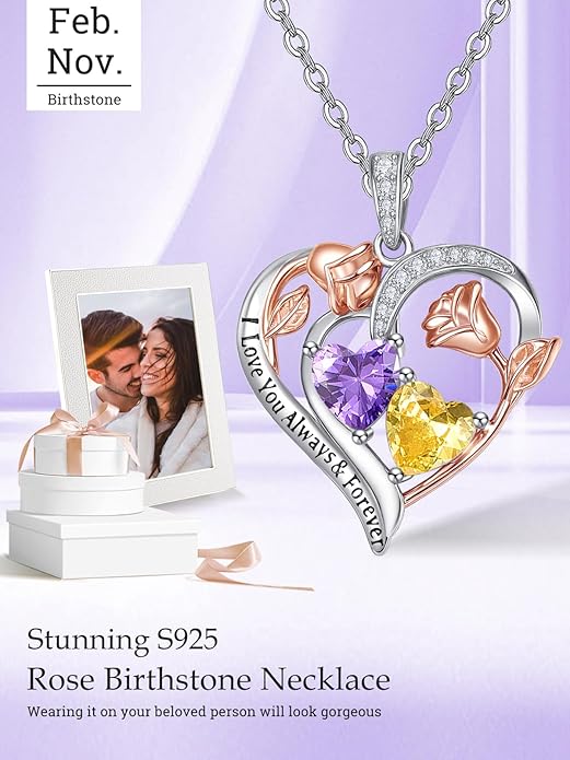 Zeuslia Double Birthstone Necklace Gifts for Wife - 925 Sterling Silver Sunflower/Rose/Crown Cross/Compass/Heart Pendant I Love You Necklace, Anniversary Birthday Gifts for Wife Girlfriend Mom Her