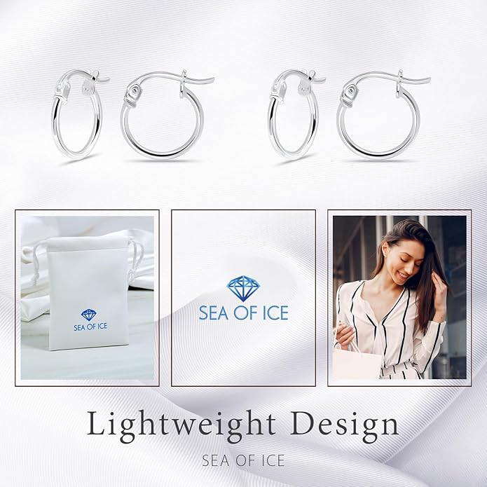 SEA OF ICE 925 Sterling Silver Hoop Earrings for Women - Hypoallergenic Earrings for Women in Sterling Silver, Yellow Gold, Rose Gold or Black Rhodium | Sizes 12MM, 15MM, 20MM or Multipack