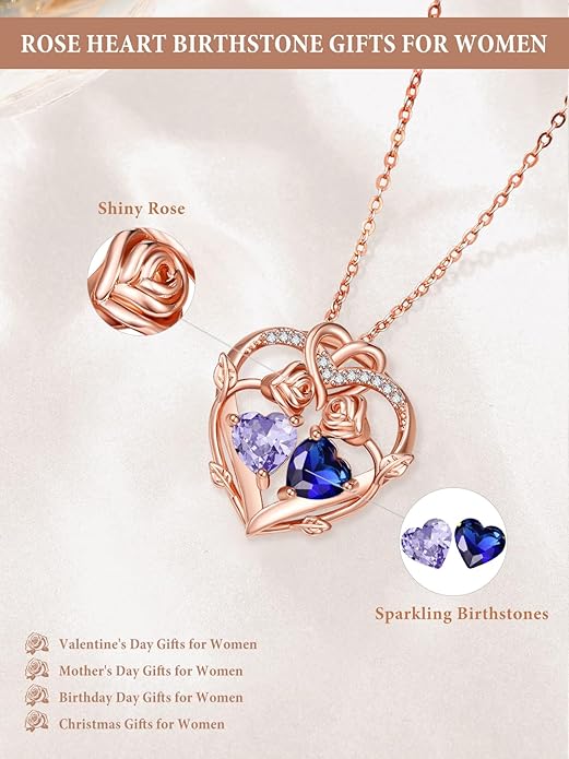 Rose Gold Necklaces for Women Double Birthstone Rose Flower Heart Pendant Necklace Jewelry Anniversary Christmas Valentine's Mother's Day Birthday Gift for Wife Mom Her Girlfriend Sister