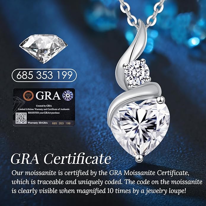Moissanite Heart Pendant Necklaces for Women, 925 Sterling Silver Necklace with Birthstone, Ideal Anniversary Present or Birthday Christmas Valentine Mothers Day Jewelry Gifts for Mom Wife Her Girlfriend