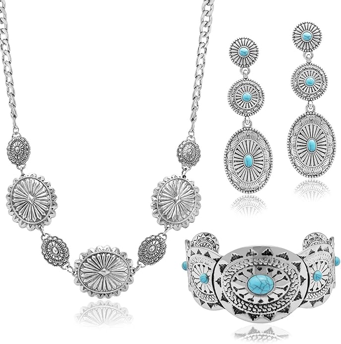 3 Pcs Western Concho Costume Jewelry Set for Women Western Dangle Earrings Boho Choker Necklace Bohemian Cuff Bracelet Cowboy Chic Country Concert Outfits for Women Christmas Jewelry Gift