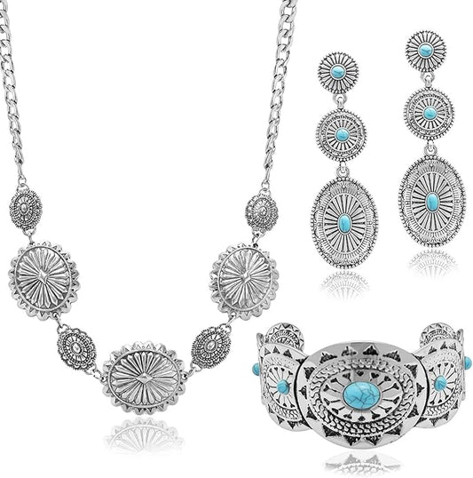 3 Pcs Western Concho Costume Jewelry Set for Women Western Dangle Earrings Boho Choker Necklace Bohemian Cuff Bracelet Cowboy Chic Country Concert Outfits for Women Christmas Jewelry Gift