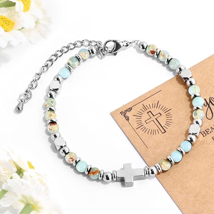 VIBILIA Cross Beaded Bracelets for Women, Inspirational Natural Heart Religious Bracelets for Women, Birthday Christian Gifts for Women on Thanksgiving Christmas Gifts