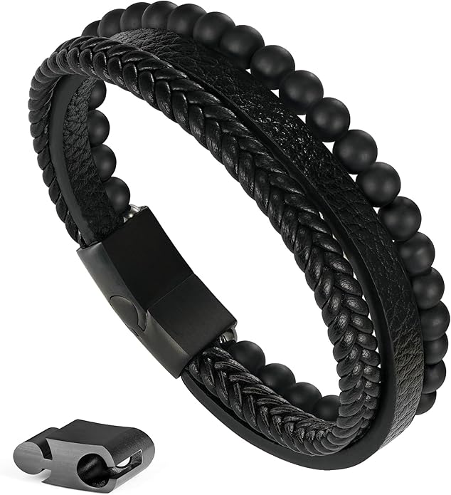 Gifts for Men - Layered Leather Beads Bracelet, Tiger Eye Lava Rock Stone Braided Leather Bracelets for Men Adjustable Magnetic Clasp Birthday Gifts
