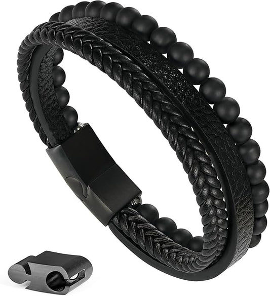 Gifts for Men - Layered Leather Beads Bracelet, Tiger Eye Lava Rock Stone Braided Leather Bracelets for Men Adjustable Magnetic Clasp Birthday Gifts