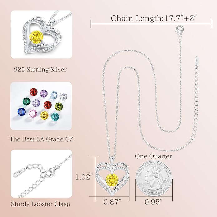LOUISA SECRET Love Heart Birthstone Necklaces for Women, Birthday Gift for Girlfriend, Anniversary Jewelry Gift for Wife Her, 925 Sterling Silver Women Pendant Necklace, Mother's Day Christams Gift