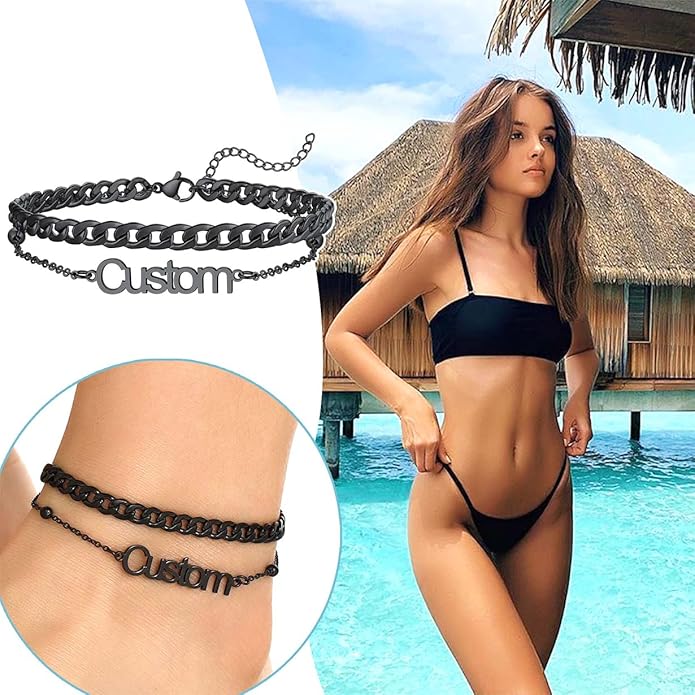 U7 Custom Layered Ankle Bracelets for Women Stainless Steel Bead/Cuban/Figaro/Rope/Wheat Chain Anklet Waterproof Anklet Jewelry for Beach Vacation