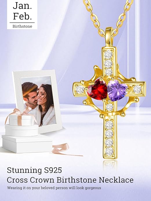 Zeuslia Double Birthstone Necklace Gifts for Wife - 925 Sterling Silver Sunflower/Rose/Crown Cross/Compass/Heart Pendant I Love You Necklace, Anniversary Birthday Gifts for Wife Girlfriend Mom Her