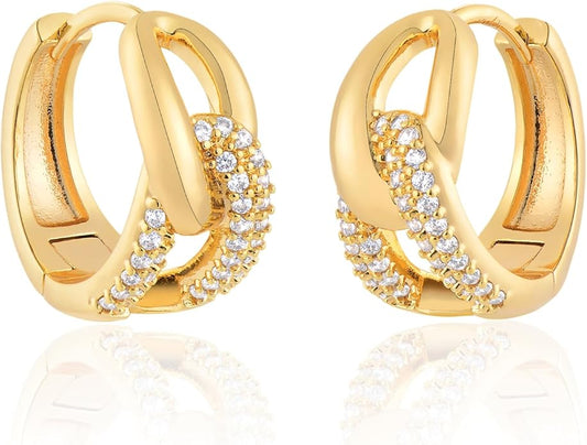 Gold Huggie Hoop Earrings 14K Gold Plated Dainty Chunky Thick Hoop Diamond Cubic Zriconia Inlay Sleeper Tiny Delicate Boho Beach Simple Hypoallergenic Jewelry Gift for Her