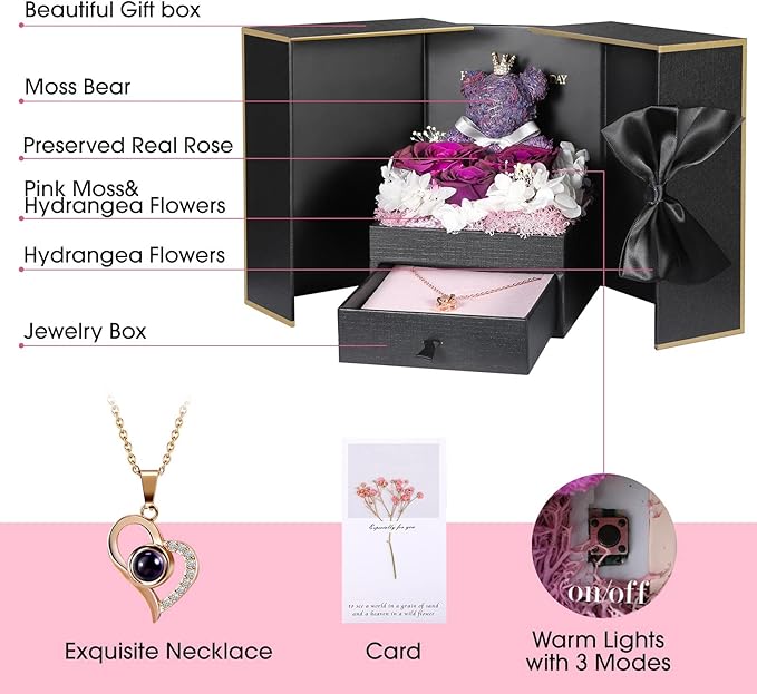 ADDWel Rose Gifts for Women - Preserved Real Roses Forever Purple Flowers with I Love You in 100 Languages Necklace and Cute Moss Bear for Girlfriend Wife Mom Grandma on Birthdays, Anniversaries