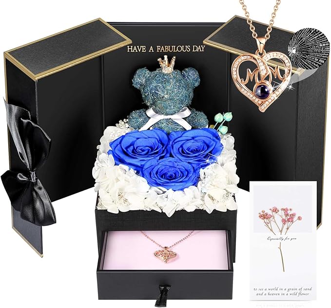 ADDWel Gifts for Mom from Daughter and Son, Unique Mother Birthday Gift Idea, Preserved Real Roses with I Love You in 100 Languages Mom Necklace, Cool Present to Mother Mama