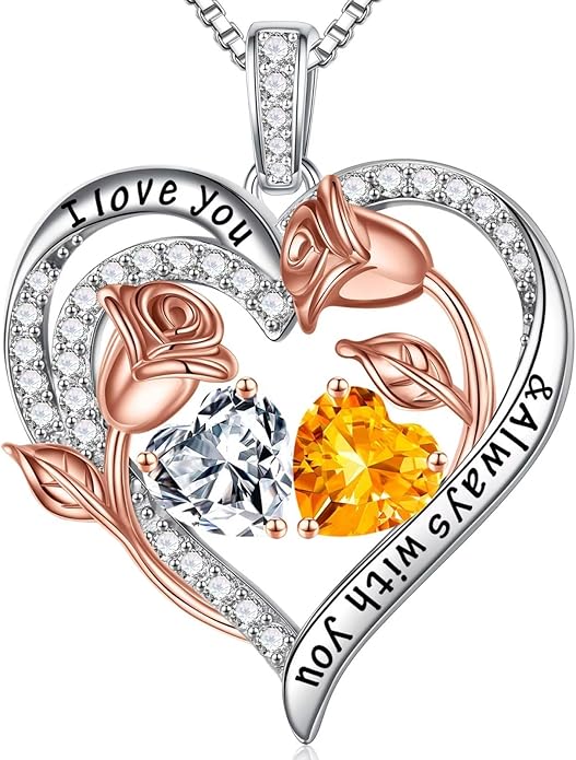 Iefil Birthstone Necklace for Women - 925 Sterling Silver Rose Heart Birthstone Necklace Birthday Anniversary Jewelry Gifts for Her Wife Mom Daughter