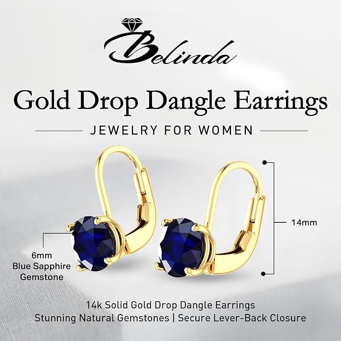 Women’s 14k Solid Gold Drop Dangle Earrings Lever Back Design with Natural Birthstone Gemstones Hypoallergenic Jewelry Collection Ideal Gifts for Wedding Anniversary
