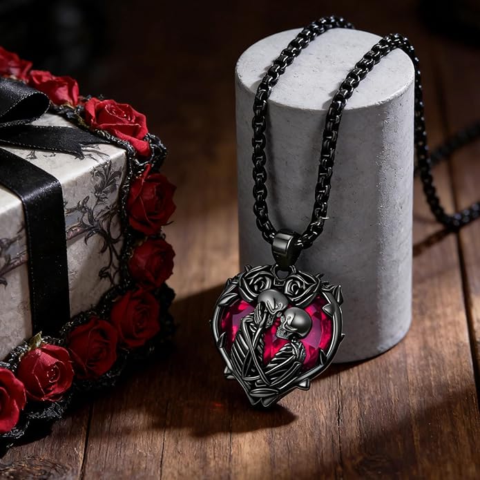 Flpruy 925 Sterling Silver Black Gothic Jewelry Gifts Skeleton Couple Pendant Crystal Birthstone Heart Necklace Punk Romantic Jewelry for Lover Men Women