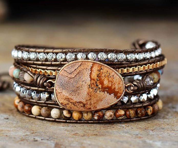 ZOSOJONA Boho Handmade Natural Stone Wrap Bracelets Turquoises Crystal Beads Bracelet Jewelry