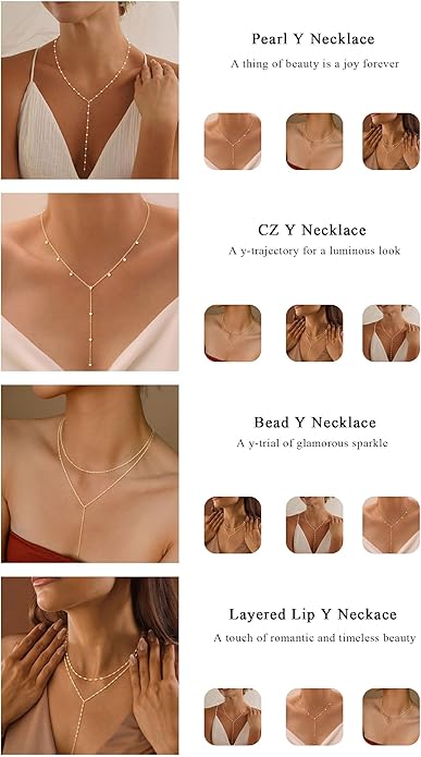 LOVELUCK Long Lariat Necklace for Women,Dainty Layered Y-Shaped Necklaces 14k Gold/Silver Plated Drop Chain Trendy Christmas Jewelry Gifts
