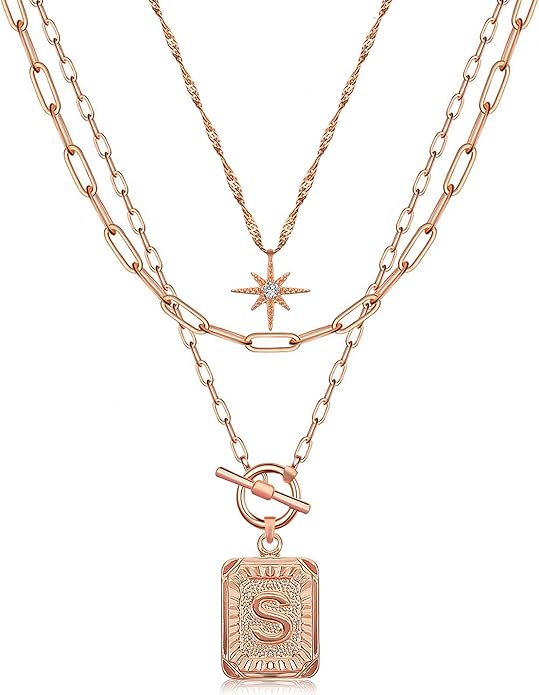 MJartoria Layered Initial Necklaces for Women Trendy, 14K Gold Plated Brass Simple Star Choker Square Letter Pendant Necklace, Paperclip Chain Necklaces Jewelry Gifts