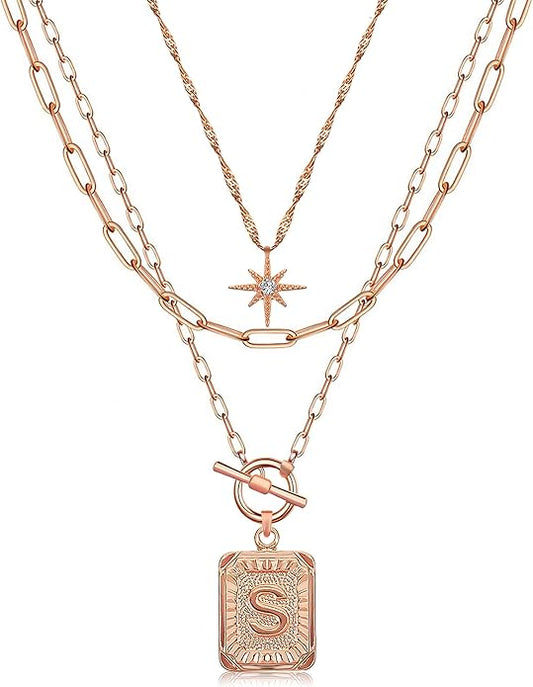 MJartoria Layered Initial Necklaces for Women Trendy, 14K Gold Plated Brass Simple Star Choker Square Letter Pendant Necklace, Paperclip Chain Necklaces Jewelry Gifts