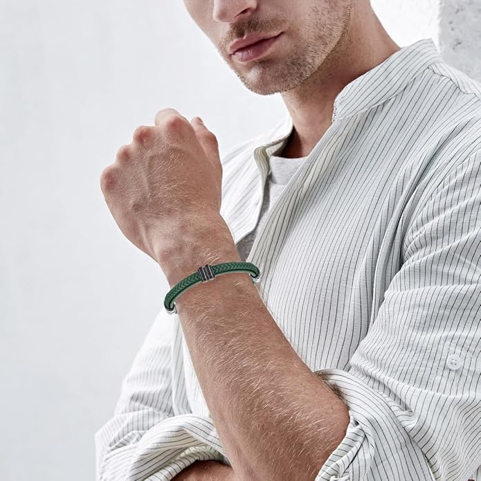 Leather Bracelet for Men with Adjustable Stainless Steel Magnetic Clasp Multi-Layer Braided Mens Leather Bracelet