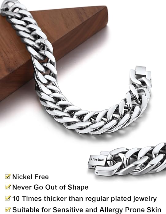 ChainsHouse Stainless Steel Cuban Link Bracelet, 8mm/12mm/17mm Width, 7.5"/8.3"/9", 18K Gold Plated Chain Wrist Bracelets for Men Women, Send Gift Box