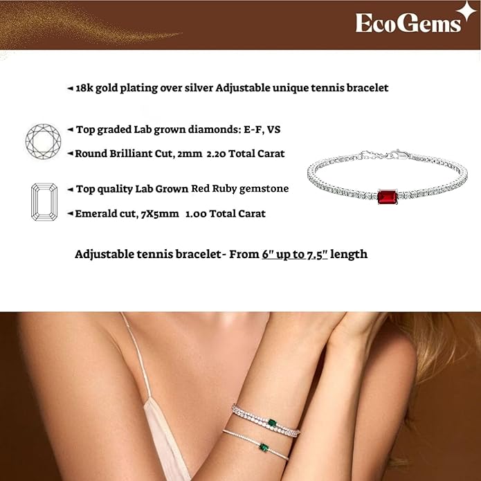 18K White/Yellow Gold Plated Silver Bracelet With Lab Grown Sapphire/Emerald/Ruby Surrounded With Lab Grown Diamond/Moissanite, Bracelet For Women Comes With Gift Box