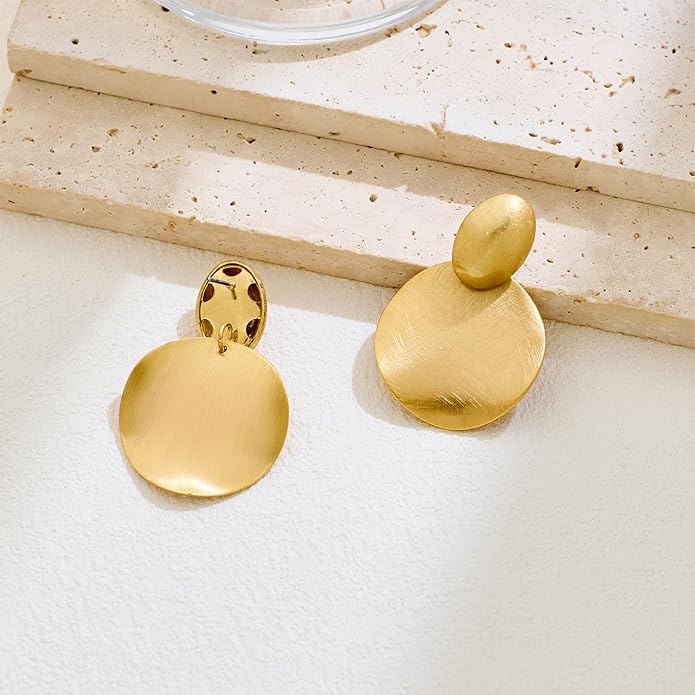 FAMARINE Big Disc Drop Earrings Gold Dangle Earrings Round Hammered Earrings Women