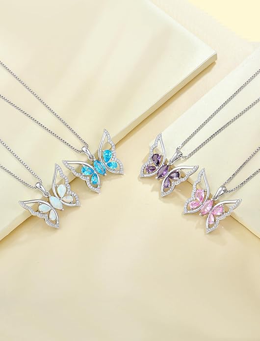 YL Women's Butterfly Necklace 925 Sterling Silver Flower Rose Pendant Birthstone Halo Jewelry