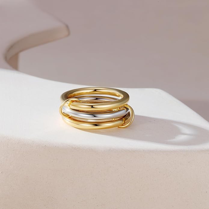 FUSAHURIY 2PCS Gold Stackable Rings Set for Women, 14K Gold Plated Interlocking Linked Rings with Cubic Zirconia, Gold Silver Mixed Metal Stackable Ring, Statement Jewelry Gifts