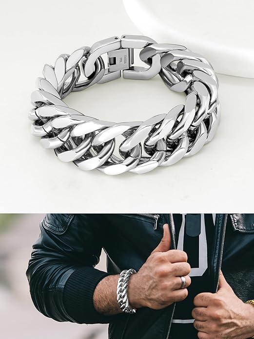 8/12/17mm Wide Cuban Link Bracelet for Men Father Gift 18K Gold/Black Plated Stainless Steel Bracelets 7.4-9 Inches(Gift Wrapped)