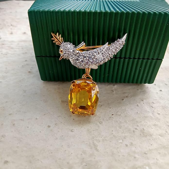 3.00 Ct Cushion Simulated Yellow Citrine & Diamond Women Bird Brooch 14K Yellow Gold Finish