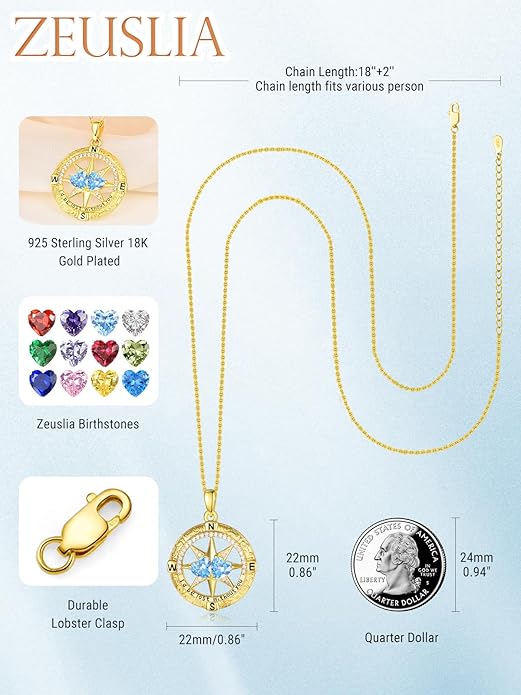 Zeuslia Double Birthstone Necklace Gifts for Wife - 925 Sterling Silver Sunflower/Rose/Crown Cross/Compass/Heart Pendant I Love You Necklace, Anniversary Birthday Gifts for Wife Girlfriend Mom Her