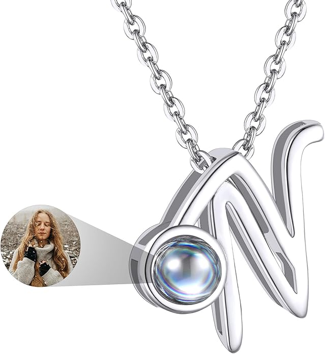 Custom4U Personalized Initial Picture Necklace for Women, Projection Necklace with Picture Inside, Gold/Silver Letter Pendant Necklace, Custom Photo Gifts for Mom Wife Birthday Valentines