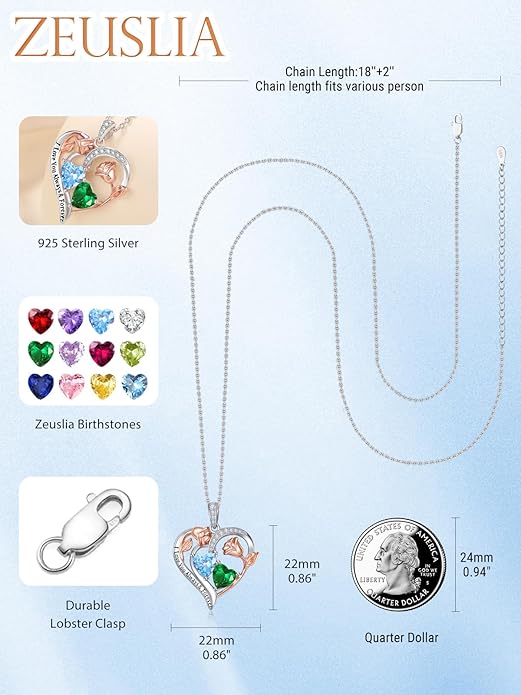 Zeuslia Double Birthstone Necklace Gifts for Wife - 925 Sterling Silver Sunflower/Rose/Crown Cross/Compass/Heart Pendant I Love You Necklace, Anniversary Birthday Gifts for Wife Girlfriend Mom Her