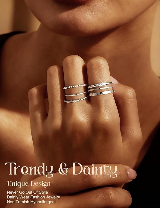 FIBO STEEL 14K Gold Plated Stackable Rings for Women Non Tarnish - Dainty Rings Cubic Zirconia Thin Ring Set Minimalist Thumb Stacking Ring Size 5-11