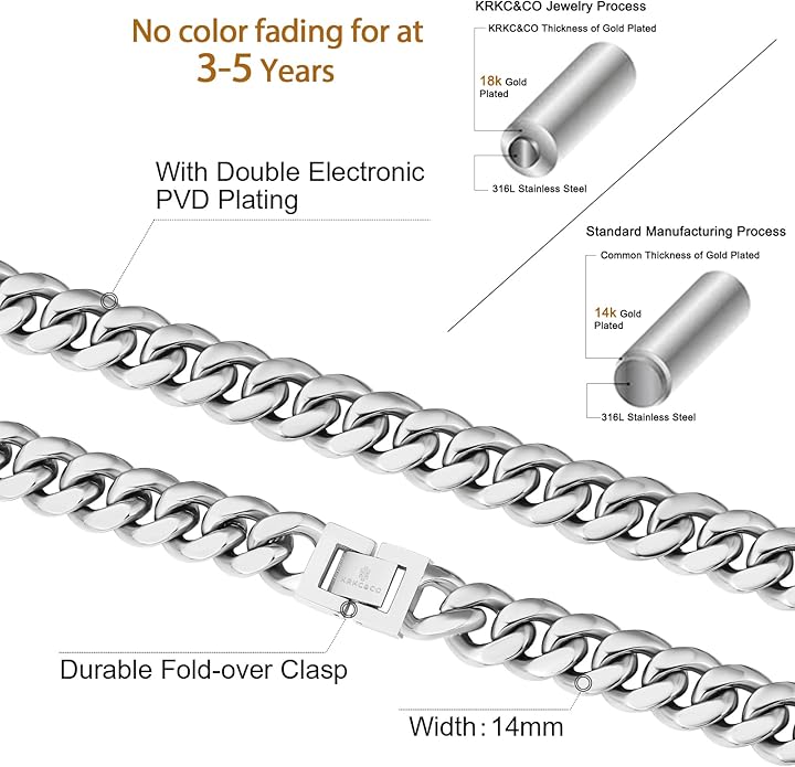 KRKC&CO Cuban Link Chain for Men 8/10/12/14mm, Brithday Gift for Men, 18k Gold Miami Necklace, Durable, Anti-Allergies Hip Hop Jewelry for Mens