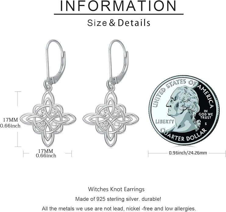 JUSTKIDSTOY Witches Knot Earrings for Women 925 Sterling Silver Nudo De Bruja Dangle Leverback Earrings Celtic Jewelry Halloween Birthday Gift