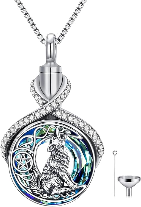 POPKIMI Wolf Urn Necklace Sterling Silver Crystal Urn Necklace for Ashes Cremation Jewelry for Ashes Memory Jewelry for Women Men