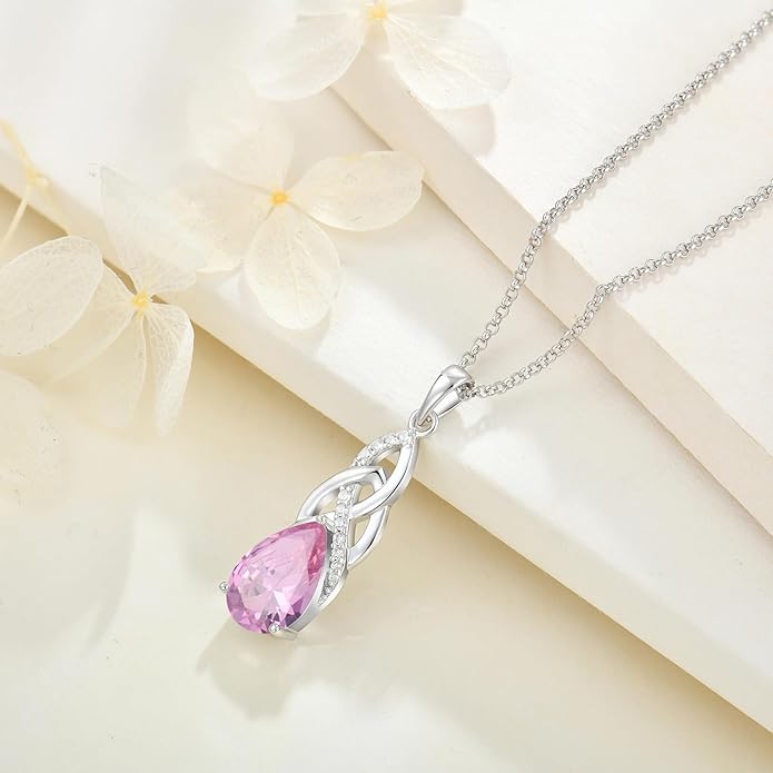 JO WISDOM Celtic Knot Infinity Jewelry Set for Women 925 Sterling Silver Pink Tourmaline Dangle Drop Leverback Earrings October Birthstone Necklace Pendant Gemstone Jewelry
