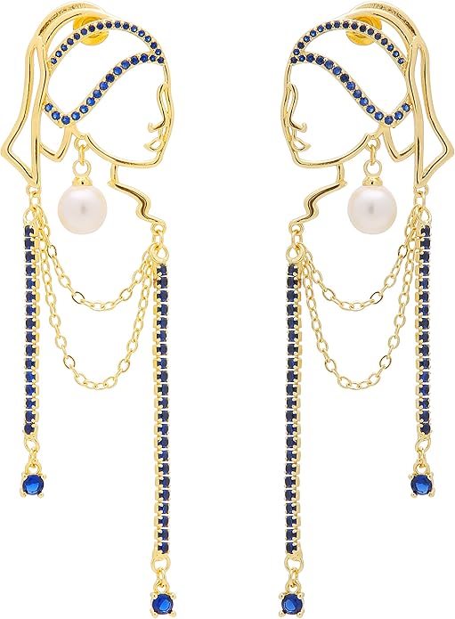 Unique Abstract Face Art | Dangle Statement Long Earrings for Women | Rhinestone Tassel Handmade Chandelier Earrings