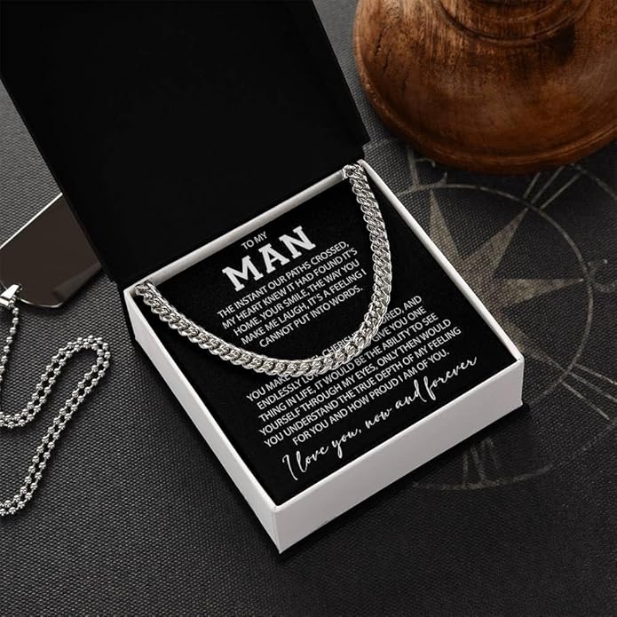 VIRAGIL To My Man Necklace Chain for Men, Silver Stainless Steel Chain Jewelry, Romantic Gift from Partner for Birthday Valentine or Everyday Wear with Meaning