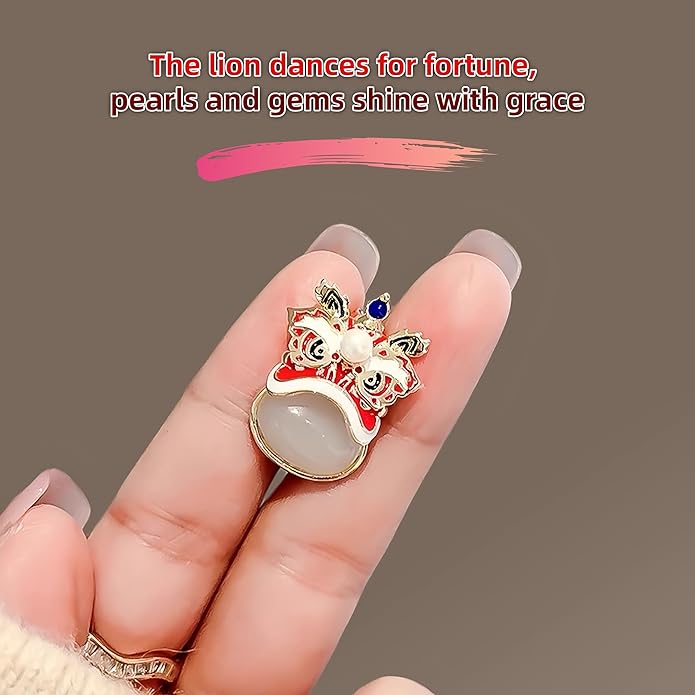 Chinese Lion Dance Brooch, Vintage Enamel Floral & Cat Eye Pearl Adjustable Lapel Pin for Women & Men – Traditional Asian Style Awakening Lion Brooch for Jacket, Blazer, Scarf, Qipao, Wedding, Festival Gift (Gold/Red/Blue)