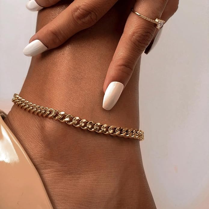 Dainty Ankle Bracelets for Women 18K Gold Plated Satellite Beaded Herringbone Chain Anklets Simple Lip Chain Anklet Minimalist Summer Beach Foot Jewelry Christmas