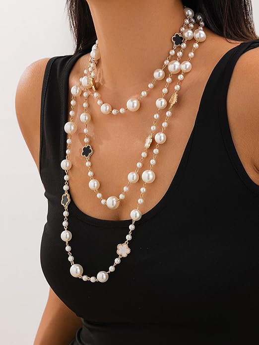 Long Pearl Necklaces for Women Pearl Long Chain Necklace Dainty Gold And Long Pearl Necklaces Layered Pearl Necklace Statement Sweater Strand Chain Jewelry