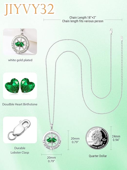 JIYVY32 Compass Birthstones Necklace for Women, Exquisite S925 Necklace Anniversary Birthday Gifts for Wife Her Double Birthstone Pendant jewelry ‘I'd be Lost Without You’
